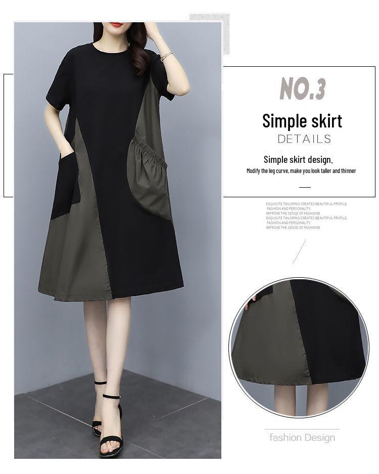 Summer Color-Block Short-Sleeve Dress, Korean Style, Plus Size, Loose Fit, Slimming with Pockets
