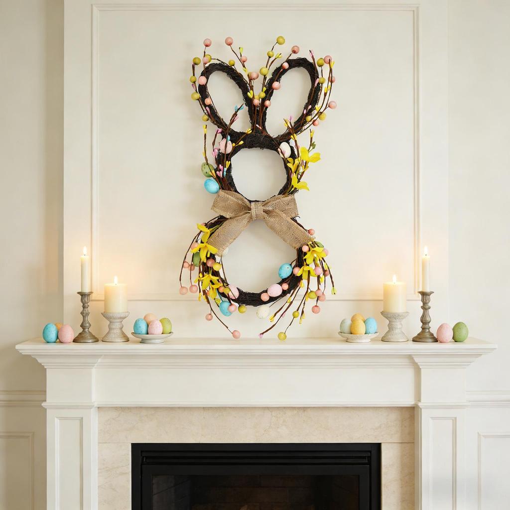 Easter Bunny Rattan Wreath Pendant: Forest-Style Egg Ring Door Hanger Wall Decor