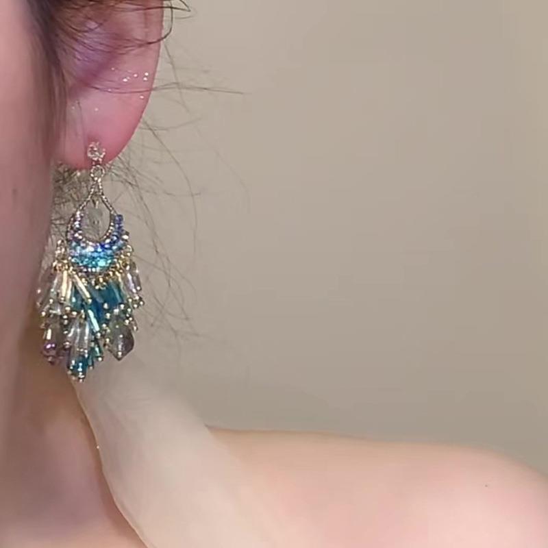 Silver Needle Rhinestone Geometric Glass Tassel Earrings - High-End Fashion Accessories for Women