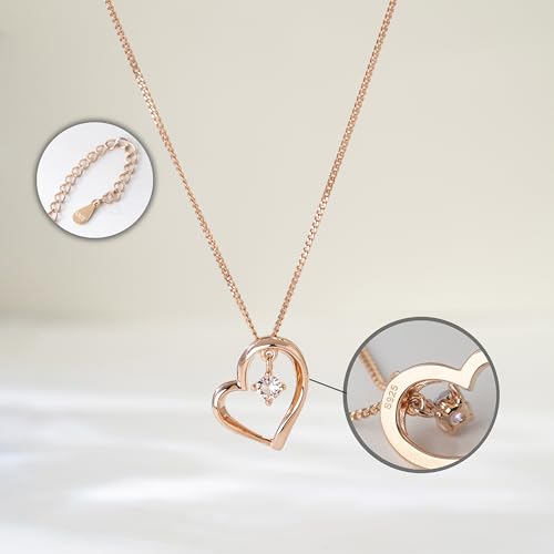 [Free Bird] Women's Heart Necklace, Premium Quality 5A Cubic Zirconia, Pink Gold Pendant, Sterling Silver 925, Perfect for Birthdays, Valentine's Day,