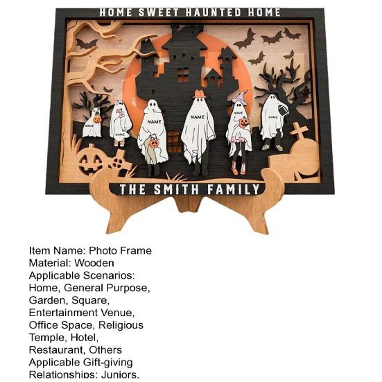 Halloween Ghost Family Photo Frame Wooden Tabletop Display Frame with Stand for Farmhouse Home Living Room Bedroom Shelf Decor