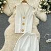 Summer Women Knitted Sweater Tracksuit Sleeveless Big Gold Button Tank Vest Tops and Wide Leg Pant Two Piece Set