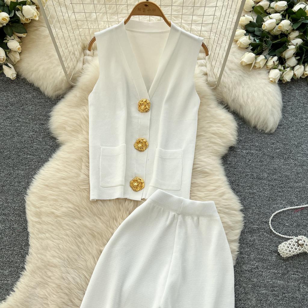 Summer Women Knitted Sweater Tracksuit Sleeveless Big Gold Button Tank Vest Tops and Wide Leg Pant Two Piece Set