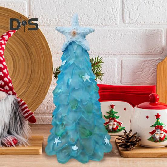 12/15/20CM Seaglass Christmas Tree Decoration Blue Green Sea Glass Starfish Shell Ocean-themed Xmas Tree Figurine Holiday Resin Tree Desktop Ornament
