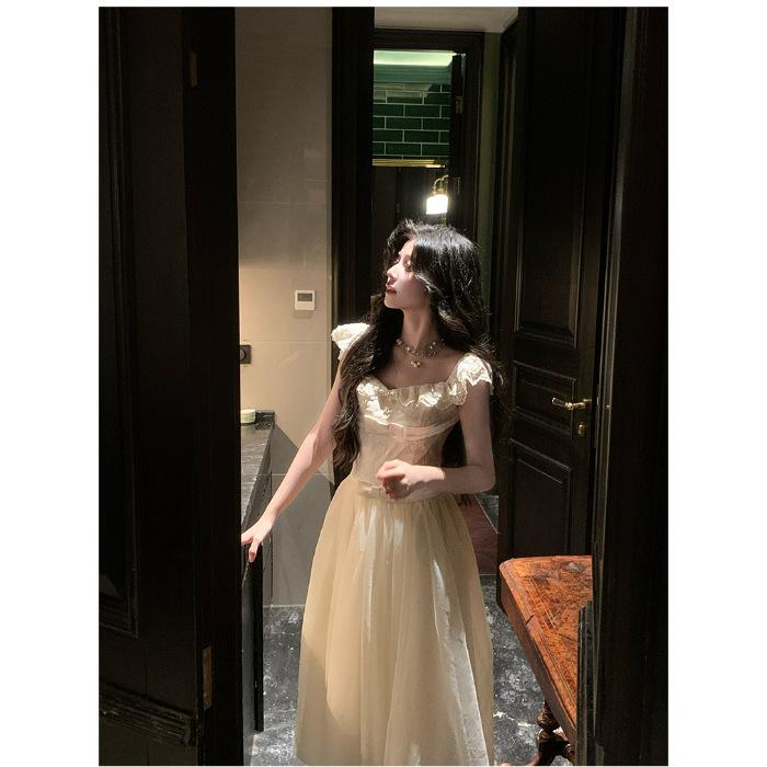 

French ballet wind mesh splicing dress female summer beautiful princess dress waist gentle wind fairy long skirt XL