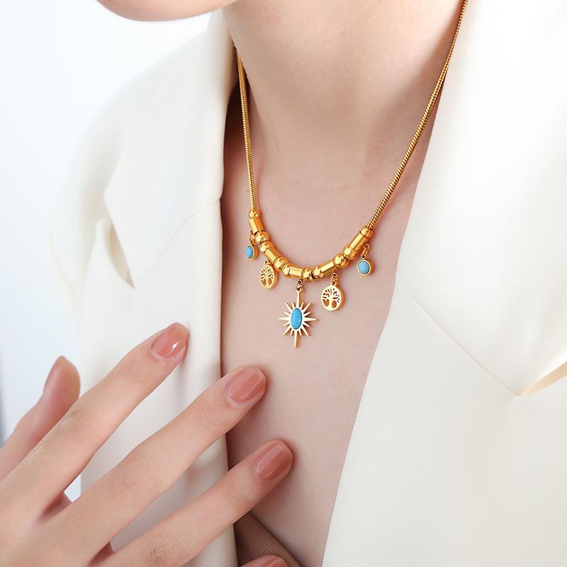 Fashion Commuting Jewelry Set: Little Sun Tree Pendant, Turquoise Design Bracelet & Necklace In Titanium Steel