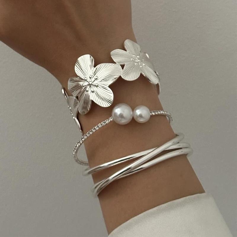 

3pcs Boho Flower Pearl Zircon Charm Bangle Set for Women Fashion Elegant Minimalist Twisted Wide Bracelets Holiday Daily Jewelry