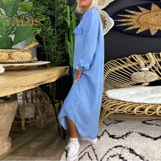 Toamnă, primăvară, rochie de damă, cu un singur rever, mâneci lungi, buzunar pe piept, tiv despicat, rochie de dimensiuni mari, culoare uni, nasturi, linie a, ținută zilnică maxi