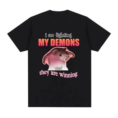 Divertida Camiseta Meme de Ratón 'Estoy Luchando Contra Mis Demonios y Están Ganando' Creativa para Hombre Manga Corta Tallas Grandes para Mujer Camisetas Top