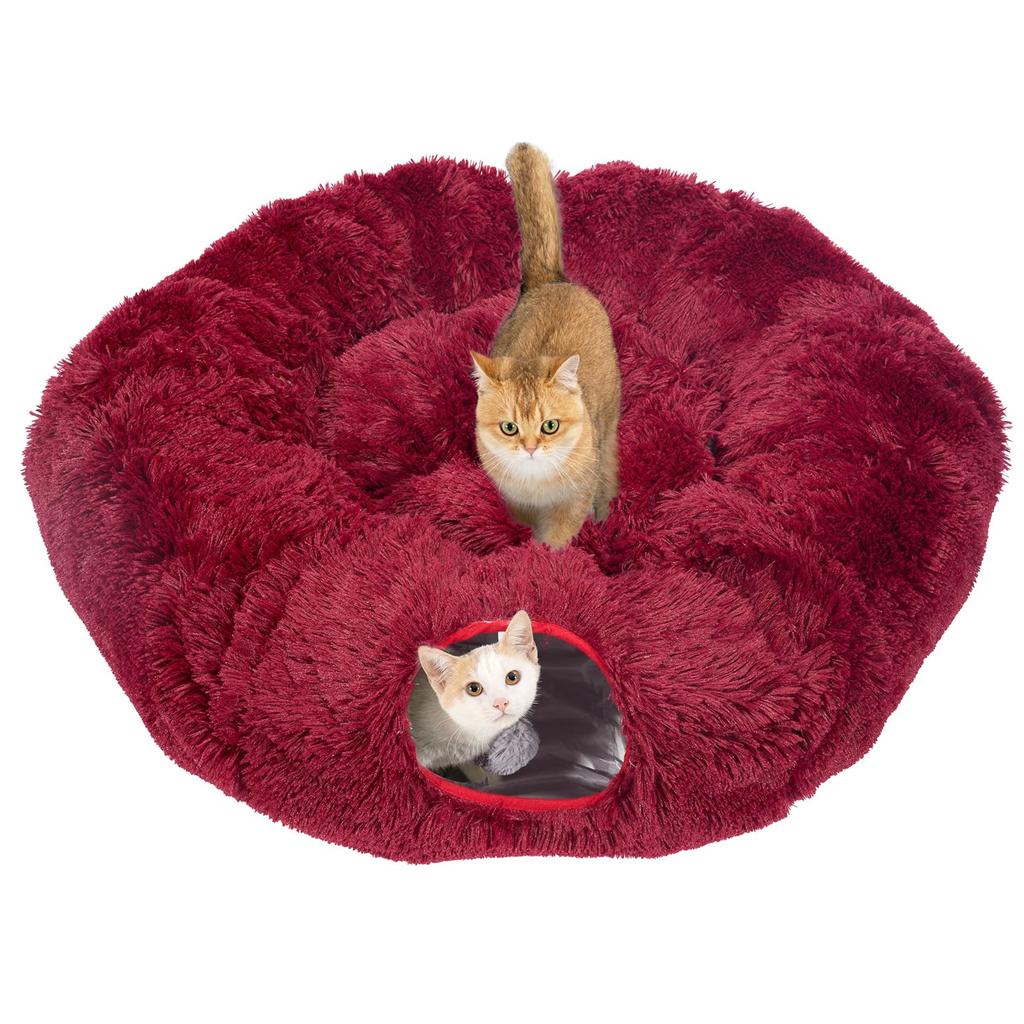 Avont Cat Tunnel Bed with Washable Foldable Large Cat Tunnel Tube Toy with 3 Shapes for and Includes Fluffy Cat Bed Red Cushion, Kittens, Puppies,