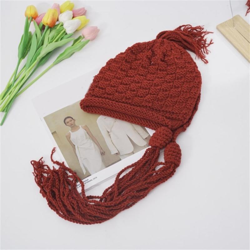 Handmade Fringed Braids Hat Y2K Sweet Girl Warm Beanie Hat InsStyle Bonnet Winter Autumn Skull Hat Pullover Earflap Hat