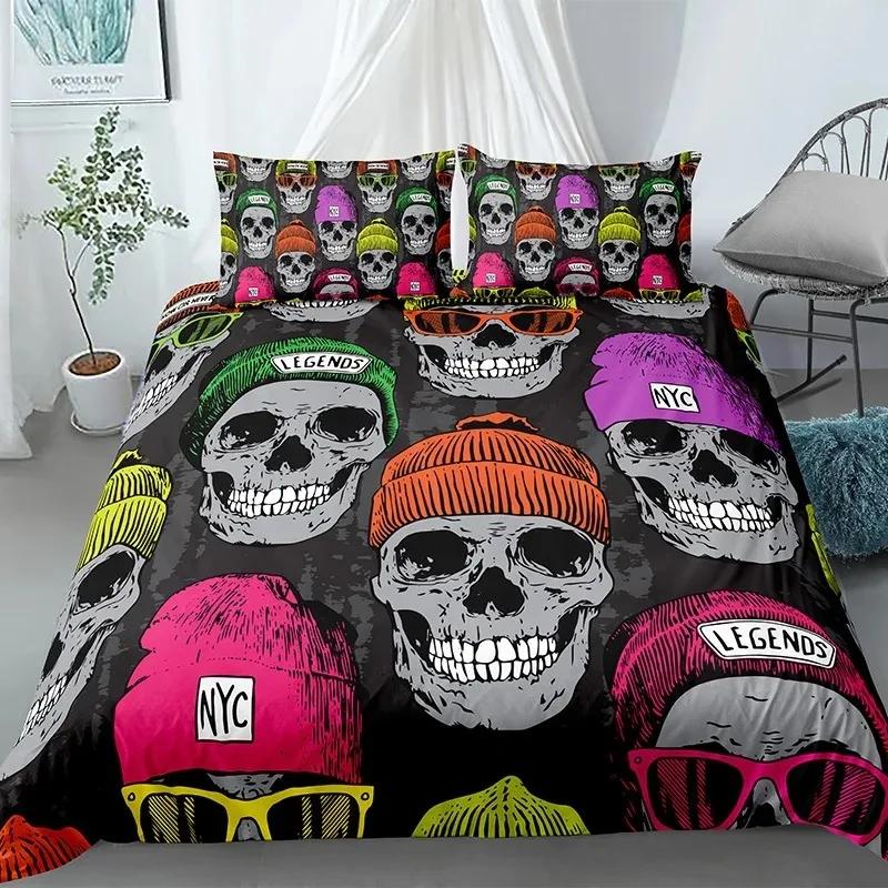 Skull Duvet Cover King, Halloween Comforter Cover,Gothic Fog Smoke Skull Skeleton Bedding Set,Grey Quilt Cover Room Decor