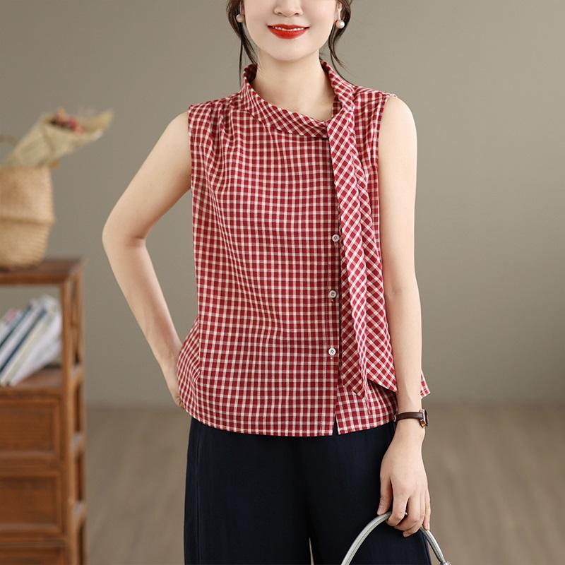 Blusa a quadri in cotone vintage senza maniche Oversize Canotte estive casual larghe Camicia da donna con bottoni