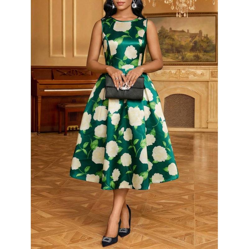 European summer new fashion temperament elegant jacquard texture round neck sleeveless medium and long dress S