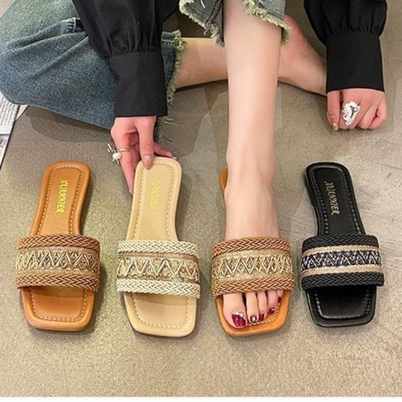 Large Size One-word Slippers Women's Outer Wear Summer New Seaside Beach Flat-bottom Embroidered Sandals Women's Shoes
