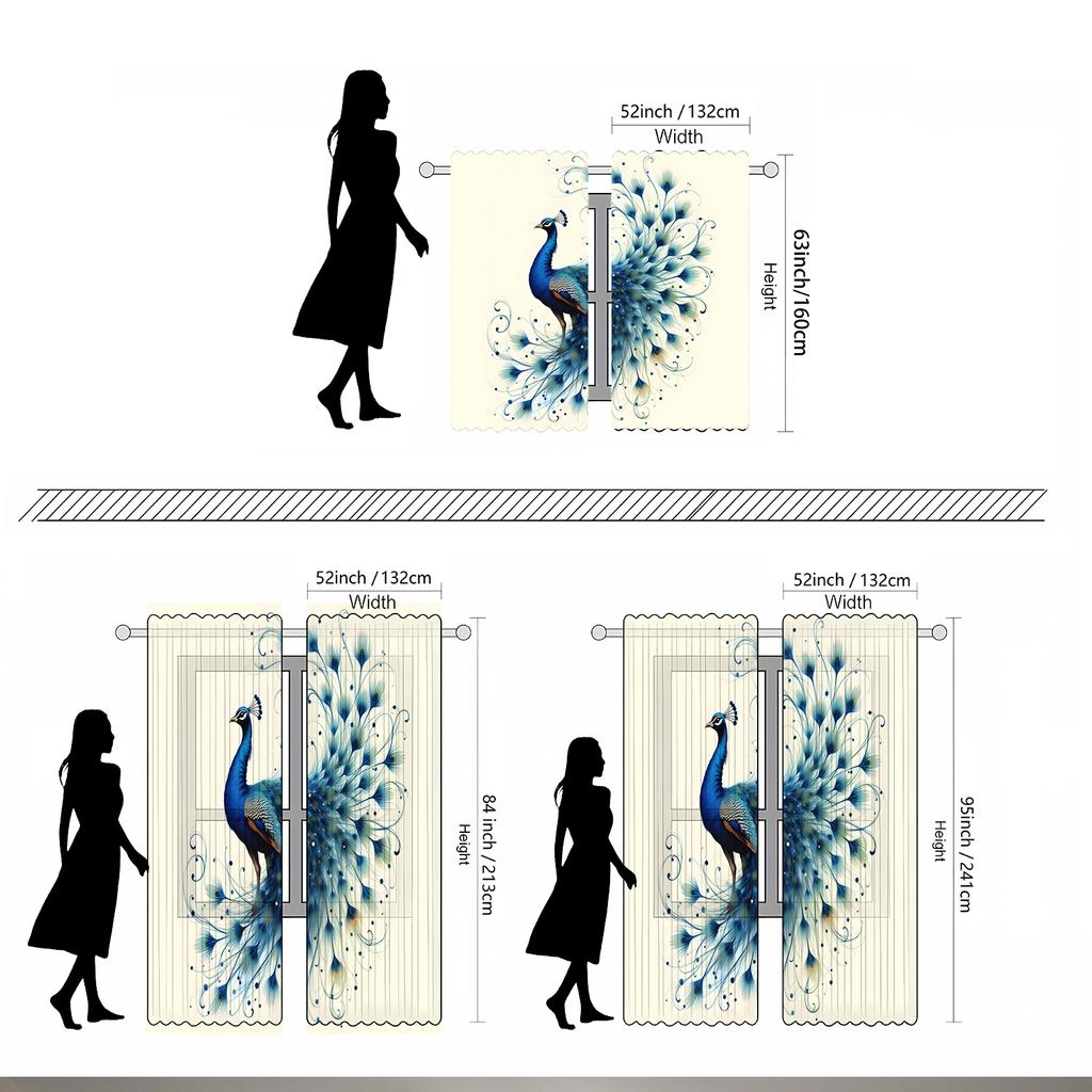 2PC Blue Peacock Sheer Curtains – Vibrant Print   Soft Polyester   Pocket Rod   Machine Washable for Living Room & Bedroom