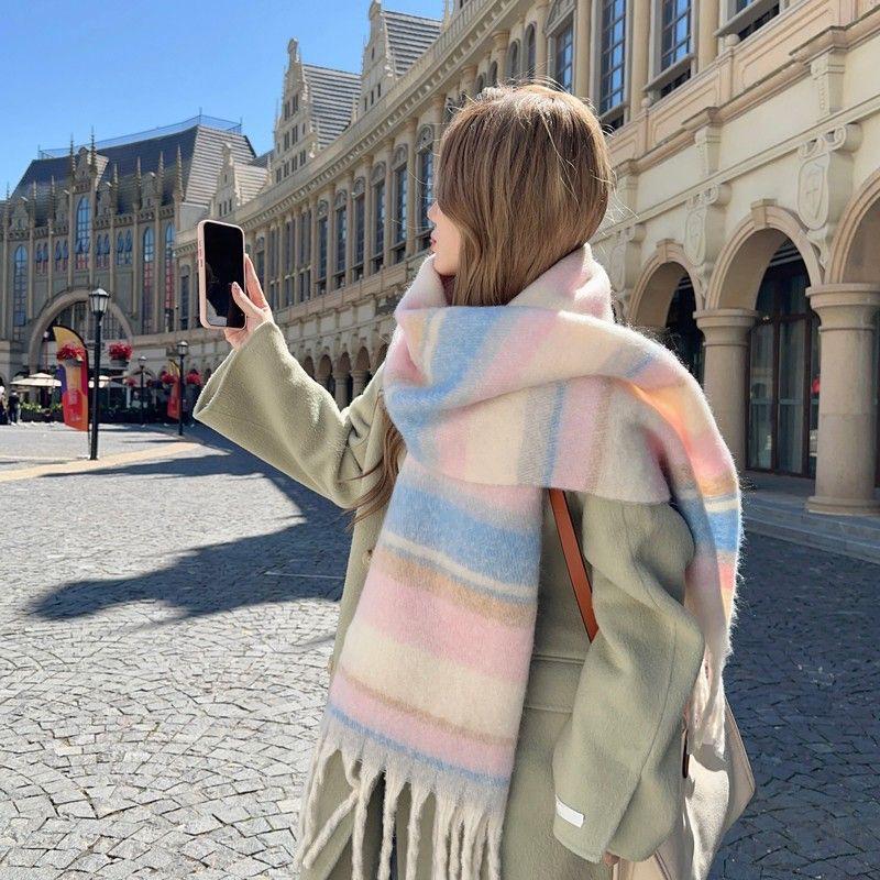 Korean Style Plaid Mohair Scarf - Women's Winter Imitation Cashmere Shawl