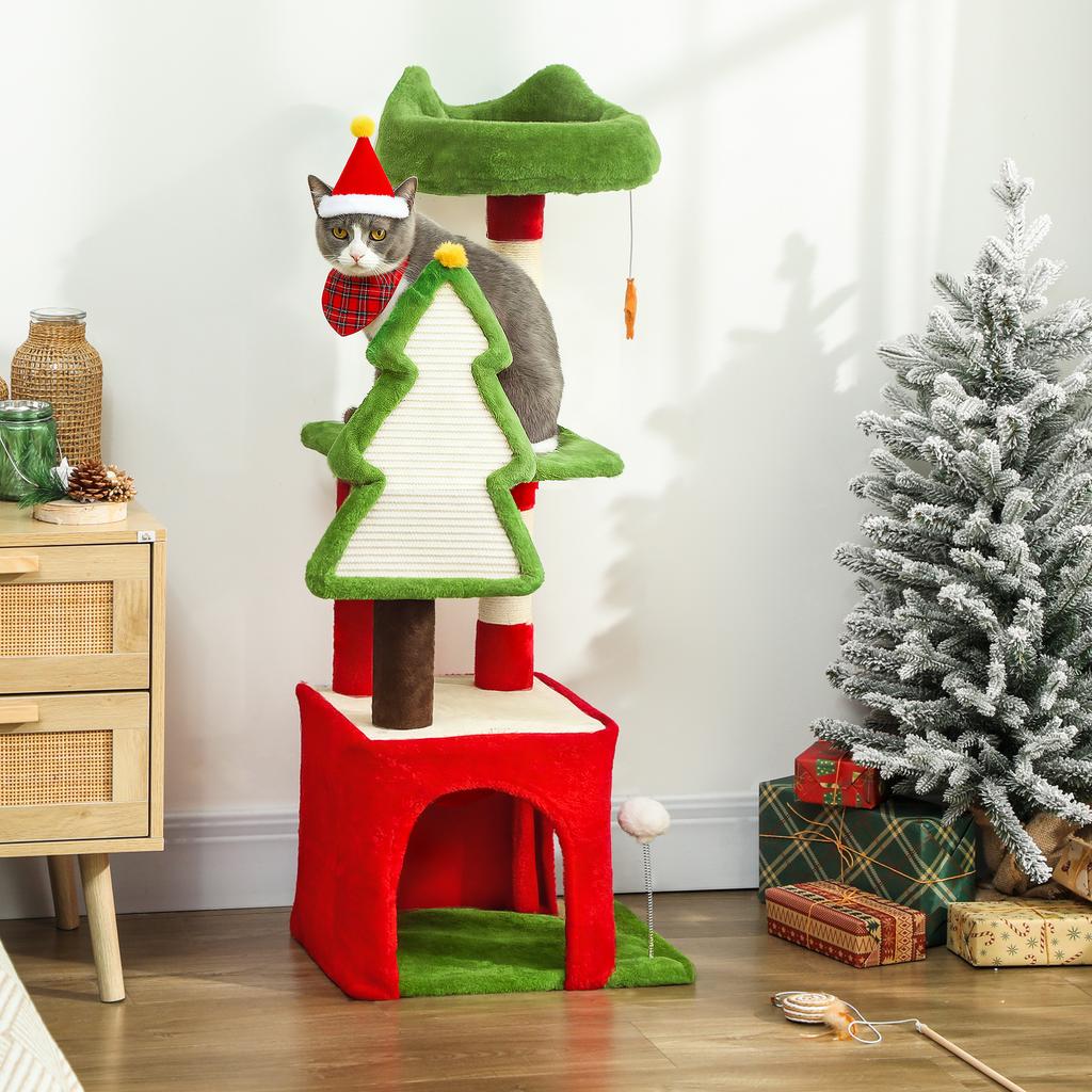Christmas Cat Tree, 120cm Cat Tower with Scratching Post & Board, Platform, Toys, Green