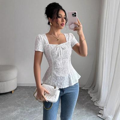 Women's White Lace Blouse Square Neck with Puff Sleeves Peplum Hem