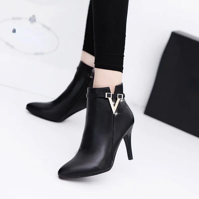 Botas Mujer Invierno Осенние туфли на шпильках с тонким высоким каблуком Женские туфли с острым носком из искусственной кожи на молнии Сексуальные женские ботильоны Botines Chelsea8 35 чёрный 2100₽