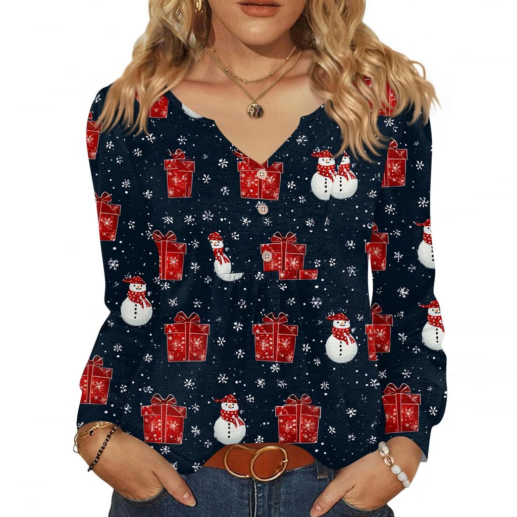 Women's Fashionable Casual V-neck Blouse Button Christmas Printed Long-sleeved Pullover T-shirt Top