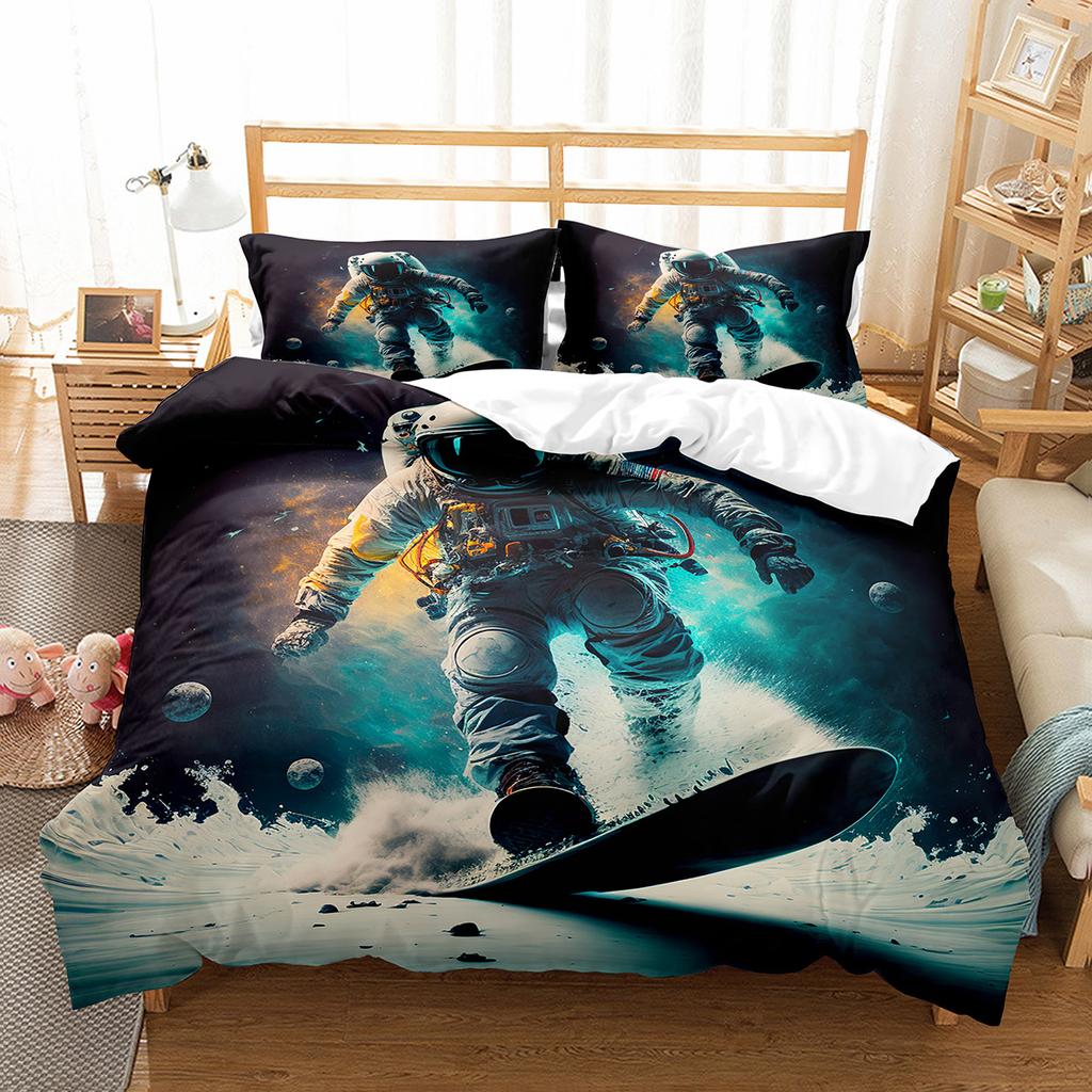 Kosmiczny Surfing Król Królowa Poszwa na Kołdrę Ruch Astronauty Zestaw Pościeli Motyw Sportowy Poszwa na Kołdrę Wszechświat Poliestrowa Poszwa na Kołdrę