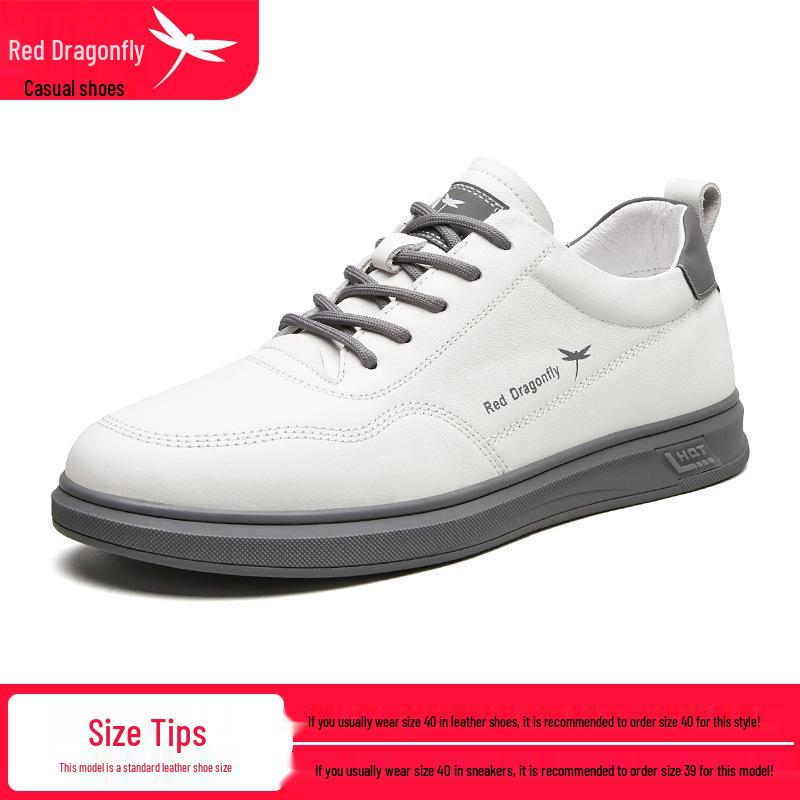 Red Dragonfly Men s White Genuine Leather Casual Sneakers – Waterproof, Fashionable, Versatile. 39