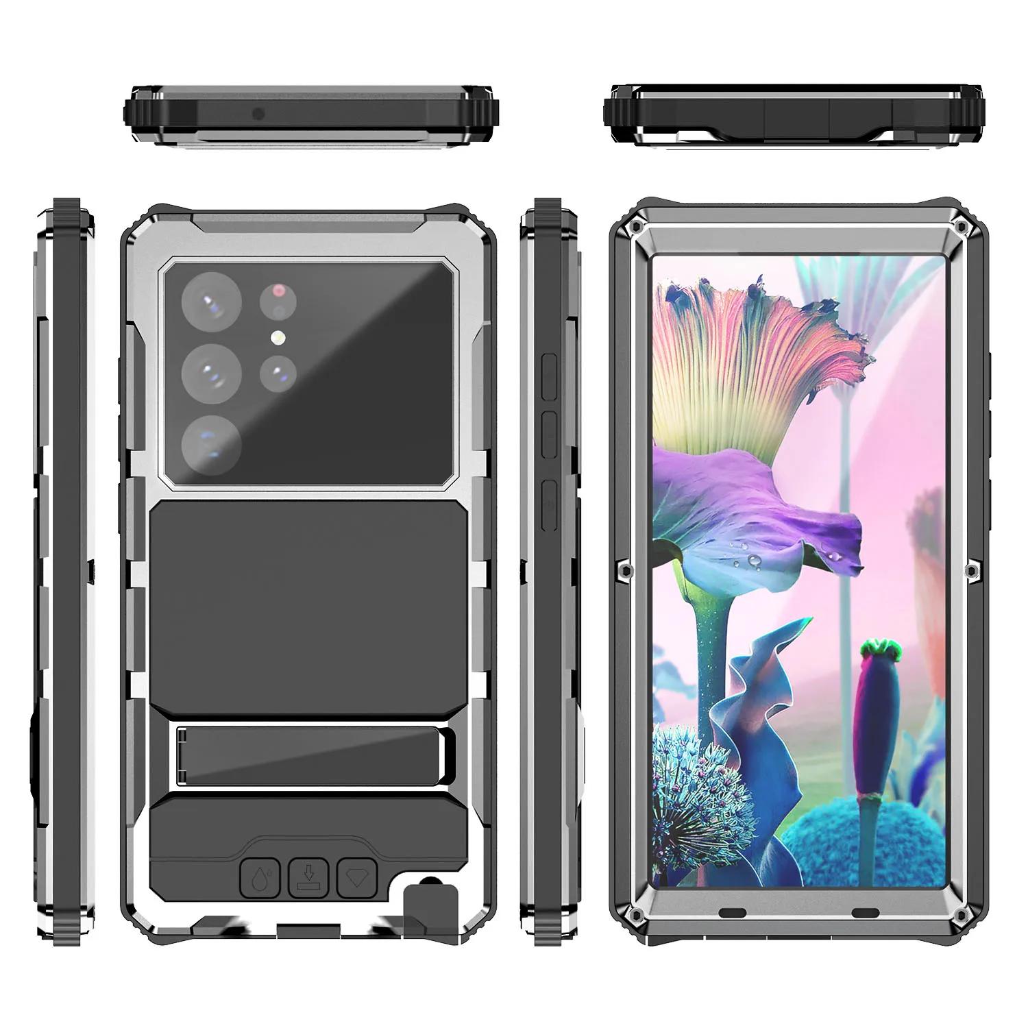 

Прочный алюминиевый сплав металлический чехол для Galaxy S24 S23 S22 Ultra полный корпус ударопрочный пылезащитный чехол протектор экрана подставка For Galaxy S24Ultra&Case & Holder серебряный