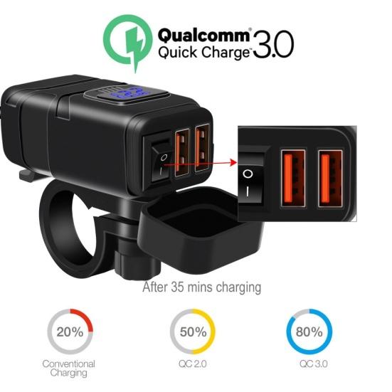Motorcycle QC3.0 Fast Charging Dual USB Charger Power Adapter s voltmetrem