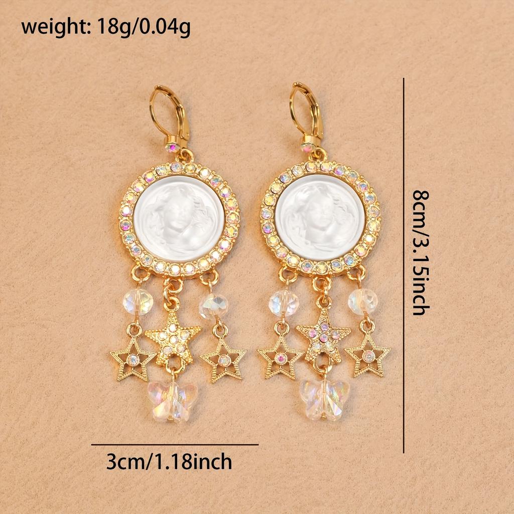 [Pair of Angelic Earrings] Vintage-Inspired Angelic Earrings with Sparkling Rhinestones, Star & Heart Charms - Zinc Alloy, Perfect for Women's Date Ni