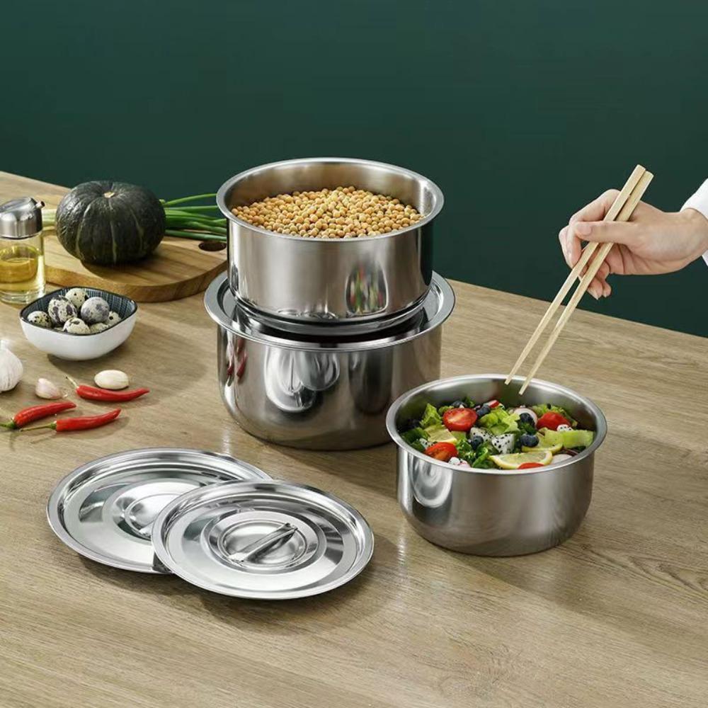 5Pcs Rustproof Stainless Steel Soup Pot With Lid Salad Bowl Lard Basin Stock Pot Set  Food