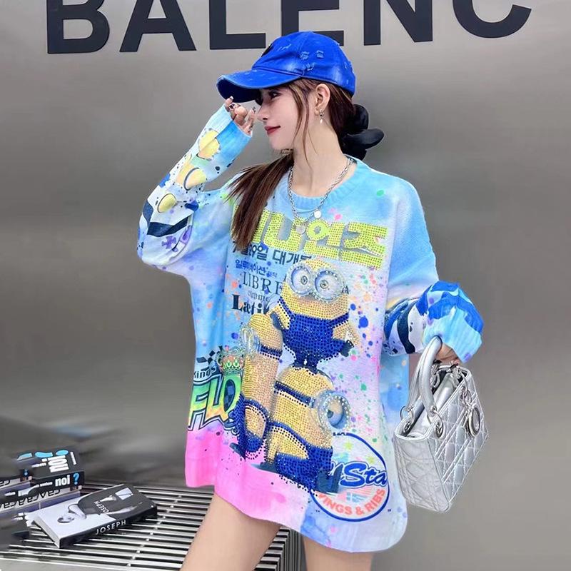 Korean Style Rhinestone Knit Sweater for Women - 2026 Autumn/Winter Plus Size Slimming Top