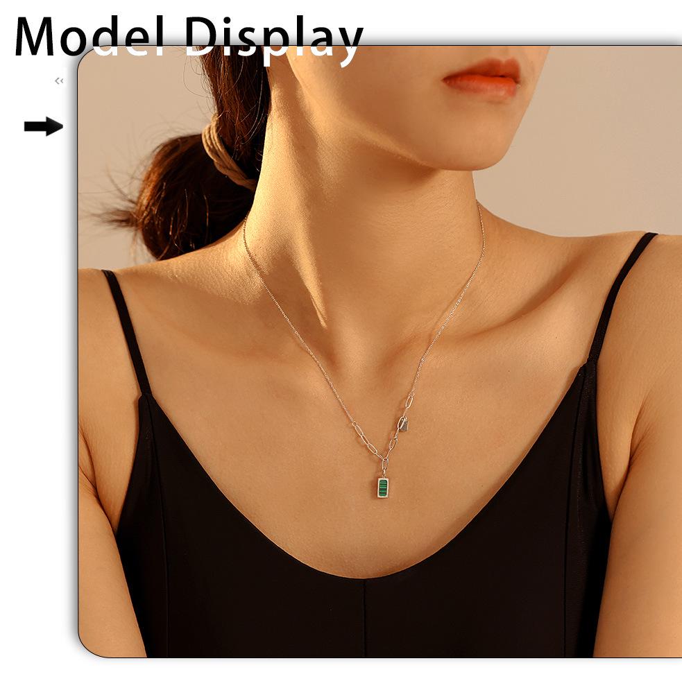 18K Gold-Plated Malachite Green Striped Collarbone Necklace - Small Square INS Style Retro Jewelry