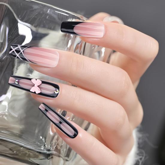 24 Pezzi Unghie Finte Francesi Rosa con Fiocco e Strass, Unghie Finte Lunghe 3D con Charms, Colla per Manicure Fai-da-Te