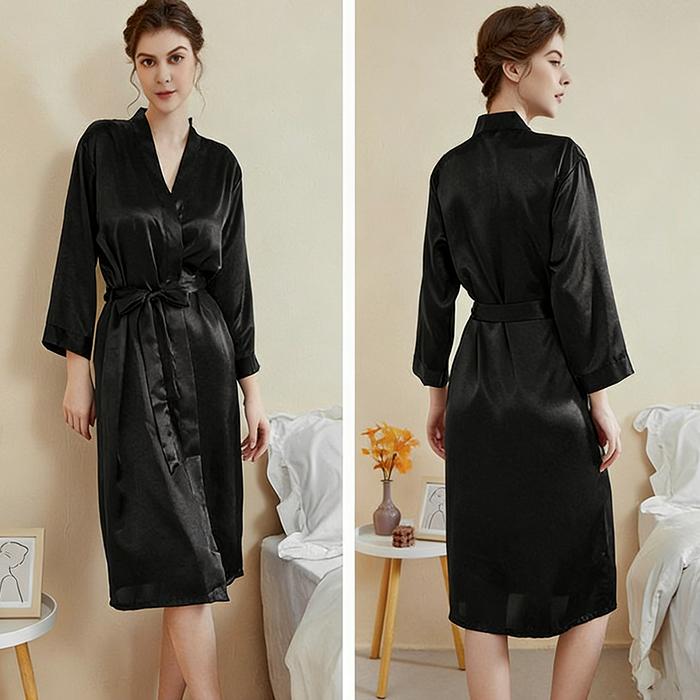 Women's Silk Bathrobe - Long Sleeve V-Neck Solid Color Loungewear House Robe