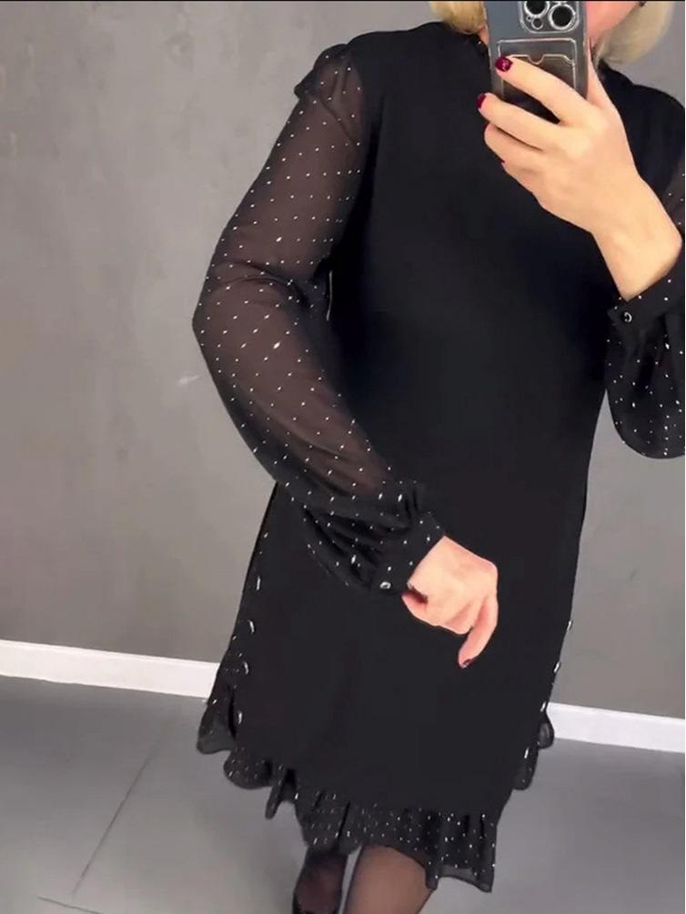 European and American Solid Color Round Neck Lace Pleated Dress - 2024 Autumn/Winter Collection