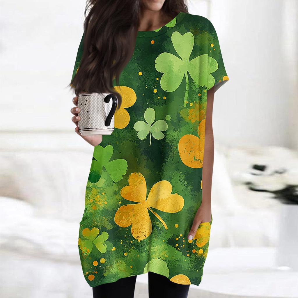 Modă Femei Casual Mânecă Scurtă Imprimeu Gât Rotund Top Tricou cu Buzunar Dublu