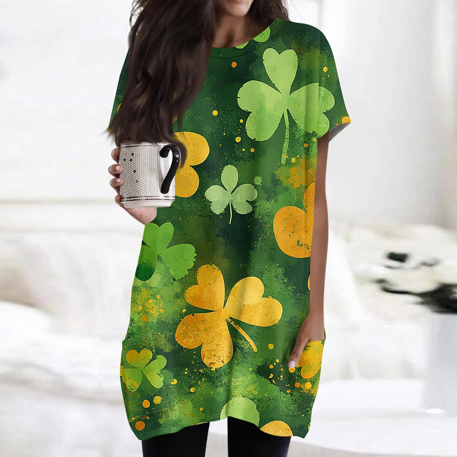 

Women s Fashion Casual Short Sleeve Print Round Neck Double Pocket T-Shirt Top XL жовтий