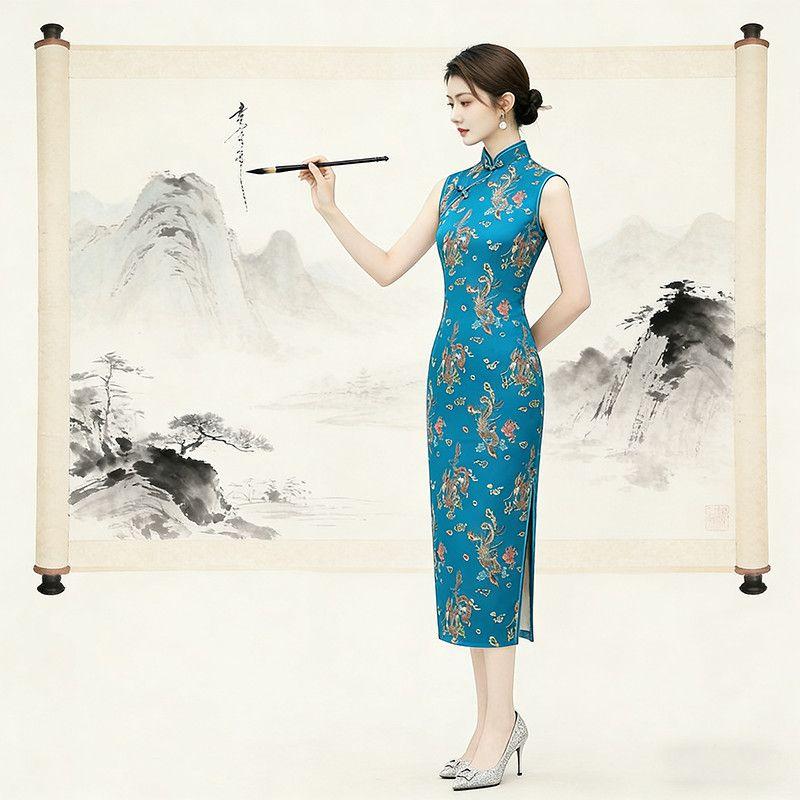 Women Sleeveless Modified Cheongsam, Vintage Floral Chinese Style Midi Qipao Dress, Elegant Formal Split Dress