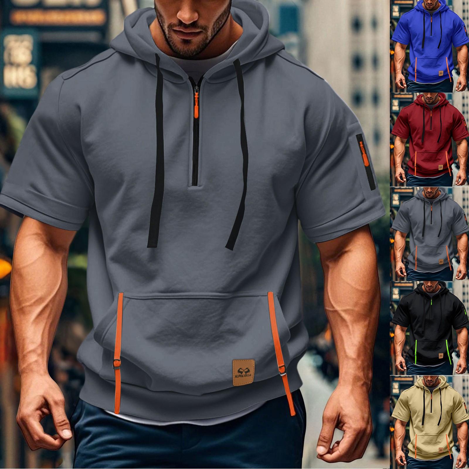 

Men s Hoodie Casual Vintage Short Sleeve Workout Sweatshirt With 1/4 Zipper Pullover Active Hoodies XXL хакі
