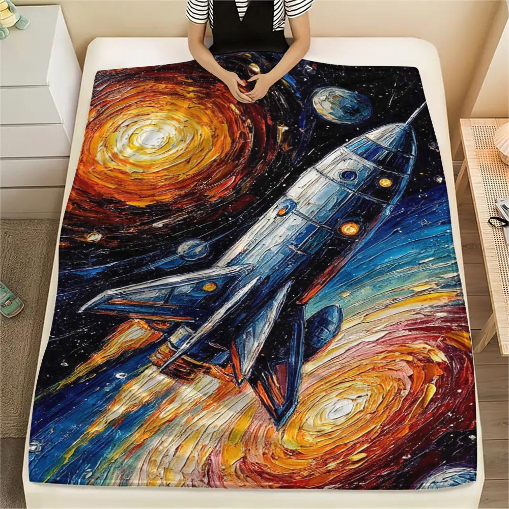 1Pc Space Rocket Print Flannel Blanket, High quality Comfortable for All Seasons, Home Decor, Warmth and Comfort, Perfect for Christmas Gifts