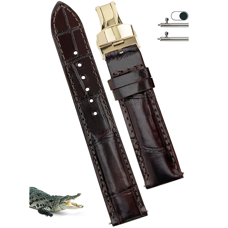 

[vinacreations] 18mm dark brown crocodile watch strap D buckle men s Crocodile Replacement Watch Band Quick Release Spring Bar arm wrist gold With D