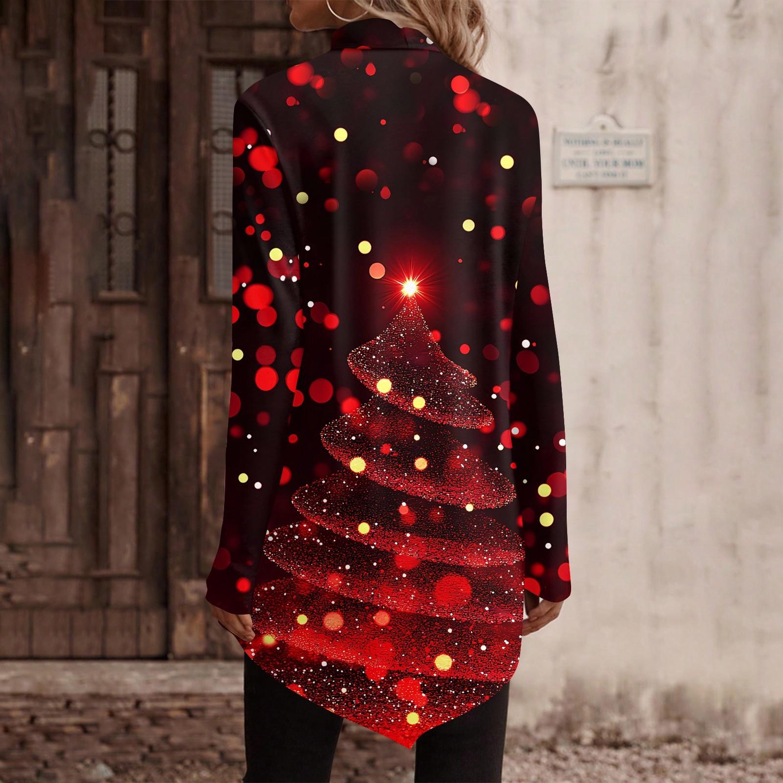 Повседневная мода Рождественский принт Рубашка Топы Высокий ворот Неровный подол Длинный — фото 4