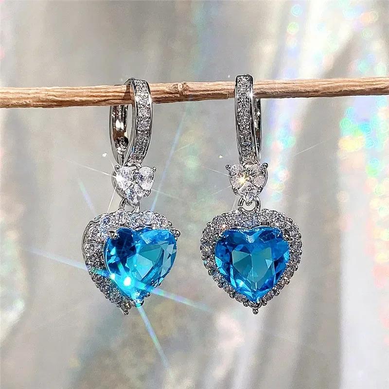 Blaue/Granatrote Herz Cubic Zirkonia Hochzeitsohrringe für Damen Ewige Liebe Verlobung Mode Schmuck Accessoire