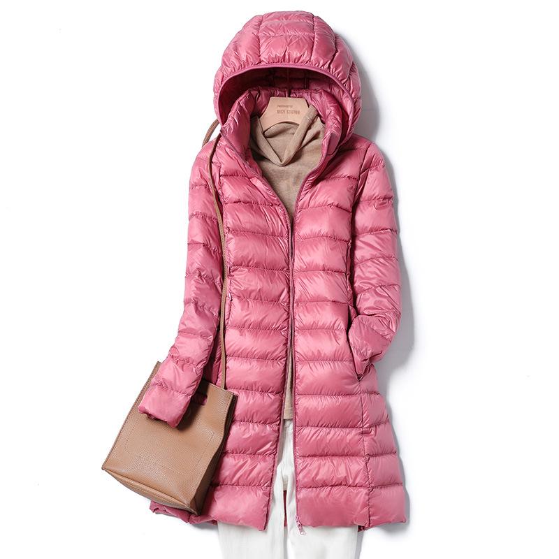 Women's Mid-Length Lightweight Down Jacket - 2026 Autumn/Winter Slim Fit, Plus Size with Detachable Hood
