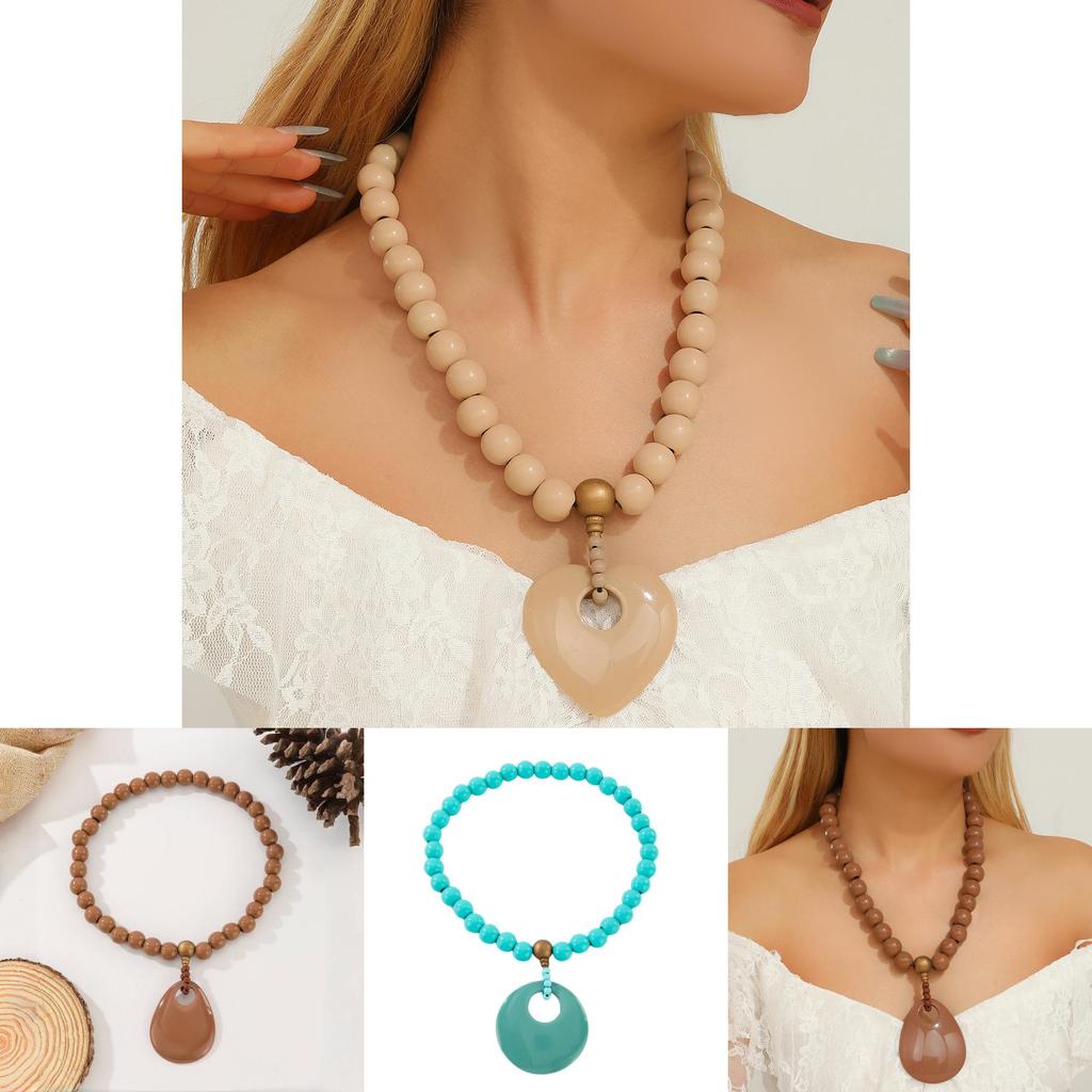 Modern Handgjord Träpärla Hänge Kedja För Kvinnor Med Geometrisk Design För Festtillbehör