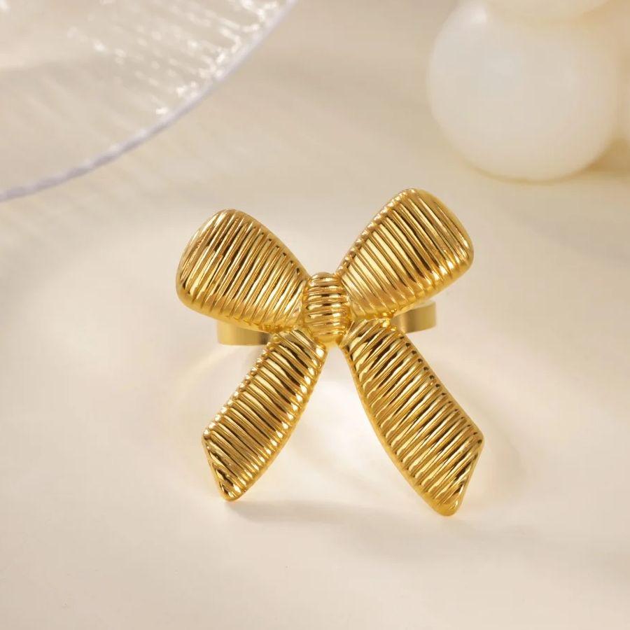 Ribbon Bow Stainless Steel Rings for Women Mama 18K Gold-plated Anti Fading Open Ring Wedding Jewelry Vacation Accessories Gifts