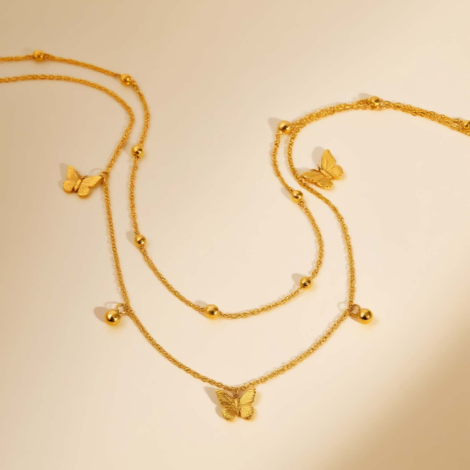 

Stainless Steel Double Layer Stacked Necklace for Women,Gold Color Butterfly Bead Chain Necklaces,Trendy Jewelry Gift