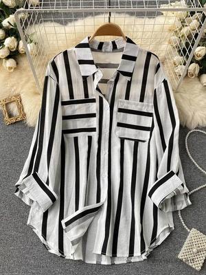 2026 Mid-Length Multi-Color Vertical Stripe Shirt Jacket - Women's Korean Style Casual Loose Top for Spring, Summer, and Autumn