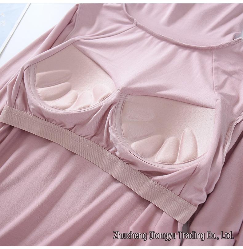Modal Padded High Neck Long Sleeve Slimming T-Shirt with Built-in Bra for Women - Autumn/Spring.